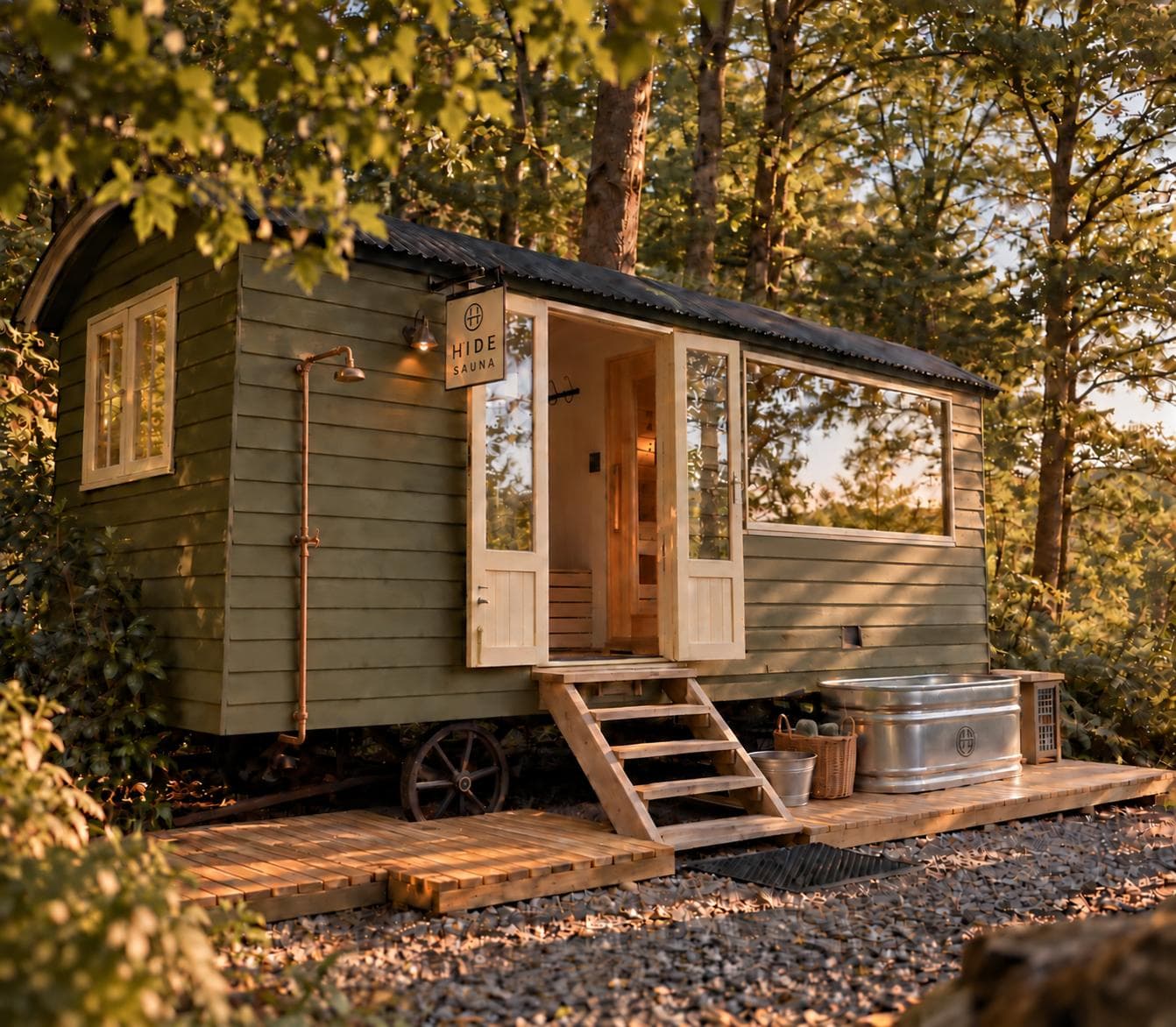 Hide's green timber cabin at golden hour, doors open onto the steps, with the copper shower and the plunge tub on the deck